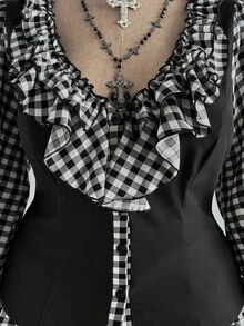Sunspun Elegant Goth Black And White Autumn 70's Party Women Two Pieces Set,V-Neck Ruffle Patchwork Plaid 2 In 1 Top & Puff Cake Mini Skirt Japanese Outfit - Black and White - View 4