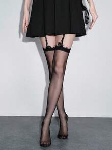 ROMWE Grunge Punk 1 Đôi tất garter họa tiết hoa tối màu phong cách Gothic cổ điển - màu đen - Xem 3