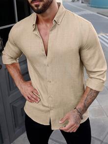 Manfinity CasualCool 男士纯色纯色正面纽扣都市长袖衬衫，适合丈夫 - 卡其色 - 查看 5