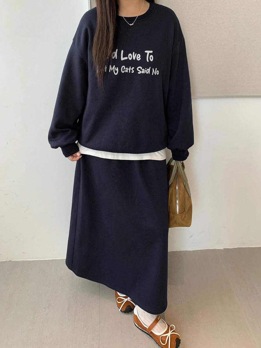 Dazy Plus 2pcs/Set Women Casual Letter Print Loose Fit Crew Neck Long Sleeve Sweatshirt And Mini Skirt, Plus Size, College Style Fall/Winter