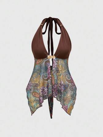 Top de mujer asimétrico con cuello halter, estampado de paisley con cadena metálica, estilo hippie vintage