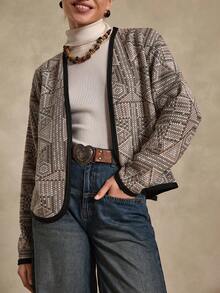 Bóhologie Geometrisch gemusterte Jacke mit schwarzem Saum, leichte Strickware, elegante und vielseitige Westernkleidung - Verschiedenfarbig - Übersicht 3