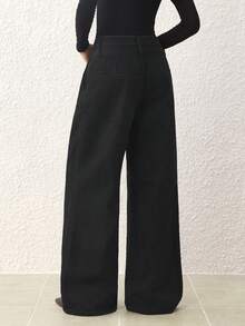 SHEIN Frenchy 女式高腰褶皱阔腿宽松休闲百搭牛仔裤 - 黑色 - 查看 2