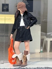 DAZY 2pcs Girls Denim Jacket + Denim Skirt Set, Tween Girl Fall Outfit