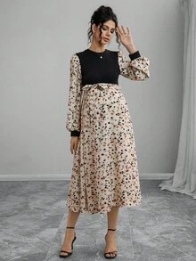 Momance Váy dài tay chắp vá nhiều màu thời trang cho bà bầu - Đen và trắng - Xem 3