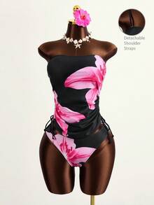 Zestiva Women Localized Print Tankini Swimsuit Set, Elegant Vacation Casual Design For Summer - Black - View 1