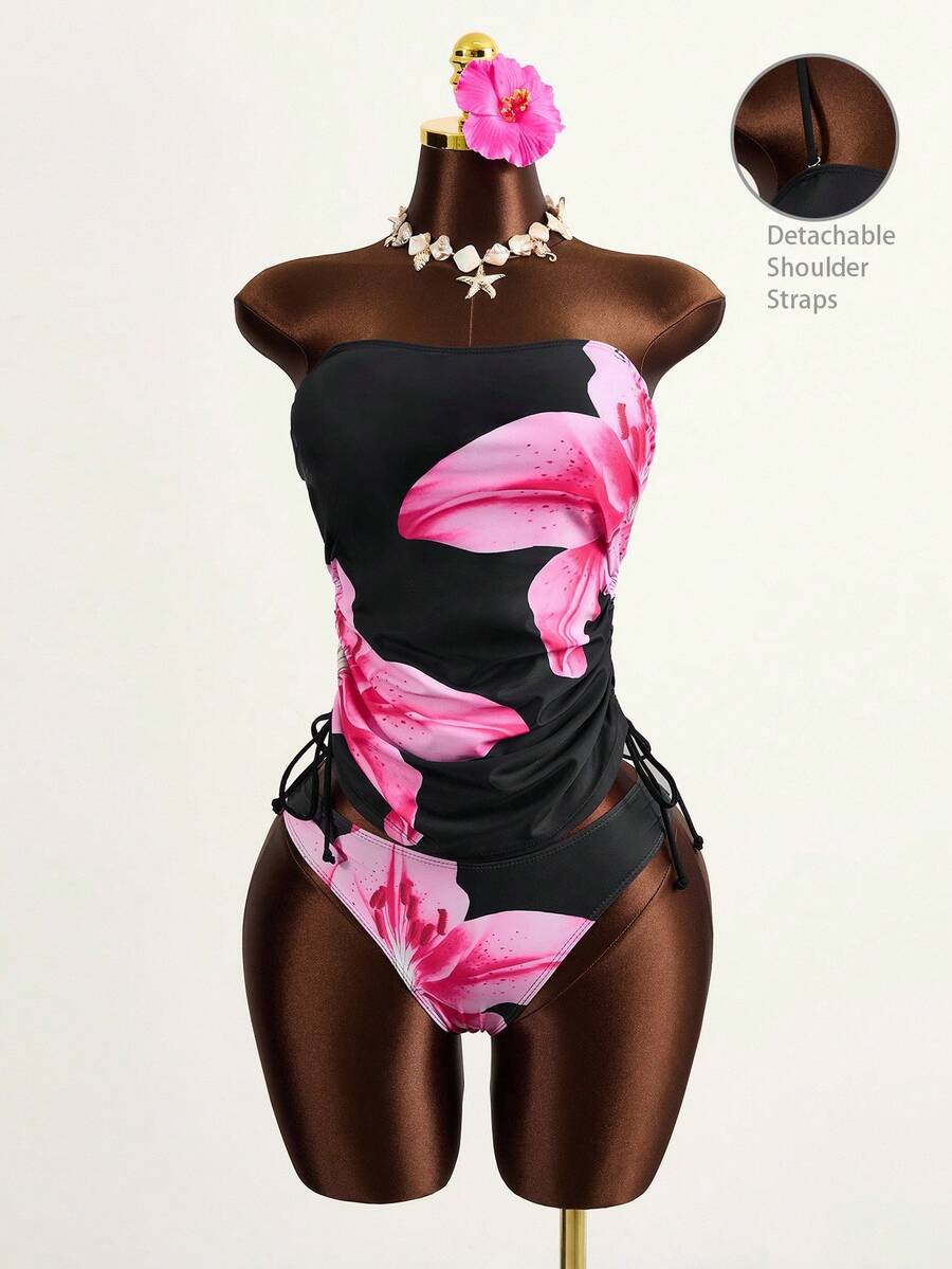 Zestiva Women Localized Print Tankini Swimsuit Set, Elegant Vacation Casual Design For Summer - Black - View 1