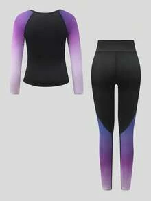 SHEIN Tween Girls Figure Skating Outfit, Snug Fit Purple Ombre Sparkly Rhinestone Ice Skating Costume Set, Professional Ice Skating Sportswear Fall Winter - Multicolor - View 7