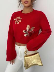 Selianne Women's Fashionable Casual Round Neck Gold Sequin Floral Short Pullover Shiny Sweater, Suitable For Christmas And New Year - Red - View 3