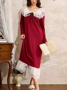 فستان ماكسي أنيق مخطط مبطن للنساء، قميص نوم أنيق للخريف/الشتاء، قميص نوم طويل الأكمام، قميص نوم من الدانتيل، قميص نوم كوتاجكور، قميص نوم مزين بالدانتيل، قميص نوم أحمر، خريف - عنابي اللون - مشاهدة 5