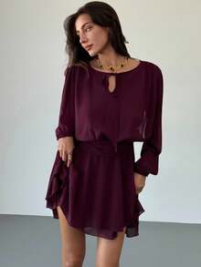 Aloruh 梅紫色浪漫约会音乐节系带长袖荷叶边下摆迷你连衣裙（女士） - 中紫紅色 - 查看 5