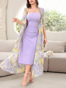 Modelyn Damski letni kardigan z kwiatowym nadrukiem w kształcie skrzydeł nietoperza i dopasowana sukienka typu halter, elegancki zestaw 2 strojów, 2 częściowy