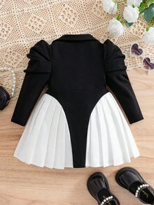 SHEIN Babygirl Infant Newborn Girl Fashion Design Cute Baby Girl Color Matching Leg Of Mutton Sleeve Single-Breasted Pleated Hem Fashion Dress, Leg Of Mutton Sleeve Black Dress, Fashionable Dress, Soft Fabric Cares For Baby's Skin, Is The First Choice For Mothers Shopping, Fashionable Design Cutting-Edge Fashion Design Can Be Worn Indoors And Outdoors, Simple Style, Suitable For Indoors, Outdoors, Daily, Sports, Play, Parties, Photo Shoots, Vacations, Festivals - Multicolor - View 7