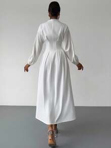 Firerie 女士优雅白色系带立领荷叶边灯笼袖 A 字中长连衣裙，适合工作、办公室、度假和浪漫场合，春夏秋季，白色毕业礼服，复古连衣裙 - 白色 - 查看 7
