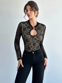 Firerie Women's V-Neck Black Lace Long Sleeve Bodysuit,Beige,Summer,Elegant,Night Out Party Cocktail Office Wear,Vacation Boho Music Festival Wedding - Black - View 6