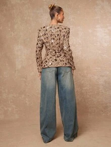 Lumalex Blazer femme à manches longues avec taille cintrée, col carré, imprimé léopard ou guépard. Top élégant pour femme, robe élégante et glamour pour les fêtes, les soirées, les mariages, les vacances, les festivals et les occasions spéciales en automne et en hiver. - Kaki - Voir 9