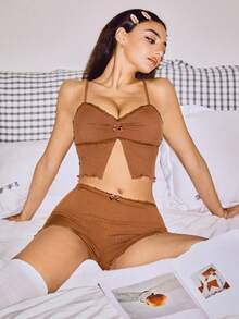 Lowkey Lull 女士休闲粉色性感睡衣套装 - 棕色 - 查看 4