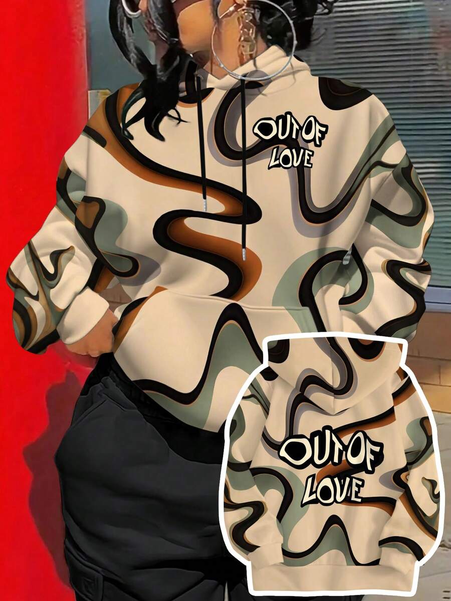 Maweii Sudadera holgada de punto con capucha y estampado digital para mujer de talla grande, estilo de moda casual y elegante - Multicolor - Ver 1