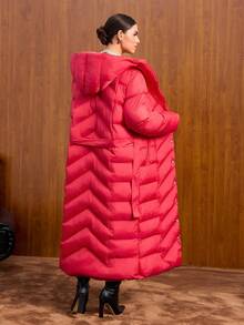 EURMUSE Women Solid Color Belted And Pocket Detailed Long Winter Coats - Red - View 2