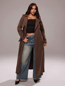 Rustia 大码女式纯色长袖双排扣长款休闲风衣 - 咖啡棕 - 查看 7