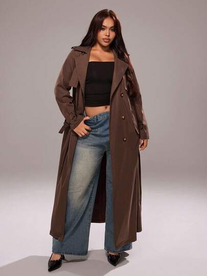 Rustia Plus Size Women's Solid Color Long Sleeve Double-Breasted Long Casual Trench Coat Fall Winter Cloth For Women Autumn CASUAL