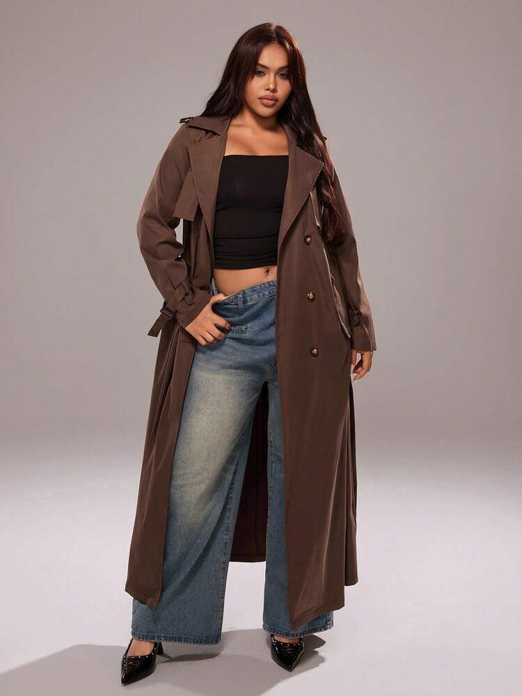 Rustia Plus Size Women's Solid Color Long Sleeve Double-Breasted Long Casual Trench Coat Fall Winter Cloth For Women Autumn CASUAL - Coffee Brown - View 7