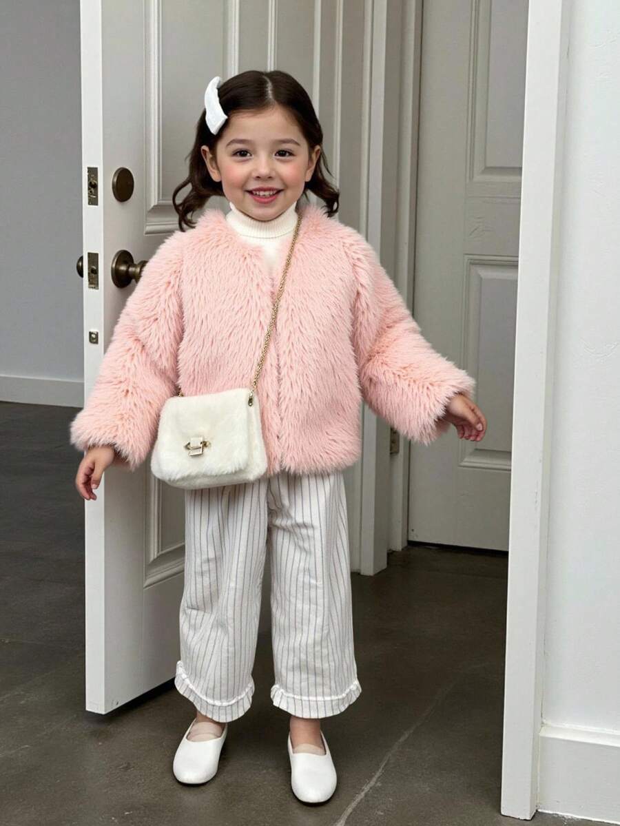 Young Girl' Fashionable Urban Minimalist Fluffy Loose Long Sleeve Zip-Up Cardigan Jacket, Pink, Winter Outerwear Fall