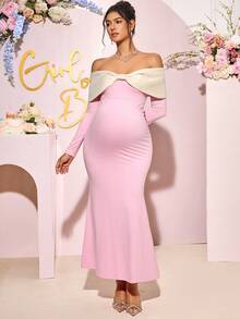 Loomaby 孕妇装拼色长袖露肩鱼尾下摆修身优雅连衣裙 - 粉色 - 查看 6