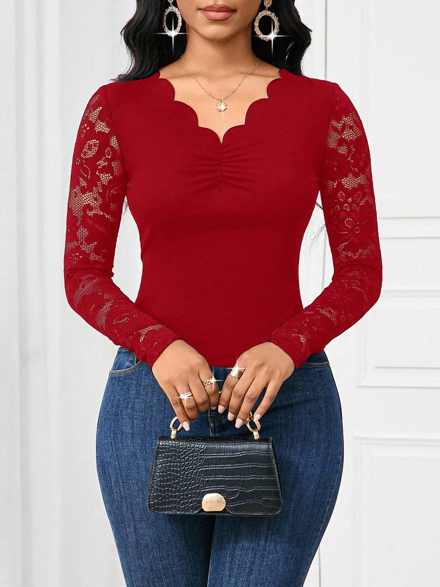 SHEIN Lady 优雅通勤纯色蕾丝拼布修身长袖T恤黑色上衣外出上衣长袖T恤女士T恤长袖上衣 - 紅色 - 查看 1