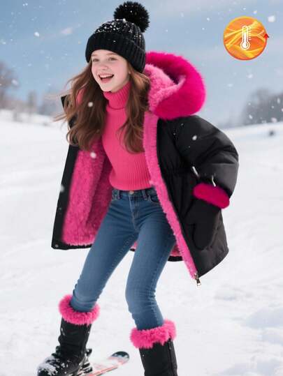 SHEIN 女童中长款连帽休闲口袋绒毛纯色加厚夹克，冬季