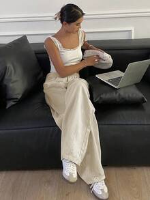 Livesso 纯色宽松哈伦长款牛仔裤，女士牛仔裤 - 杏色 - 查看 3