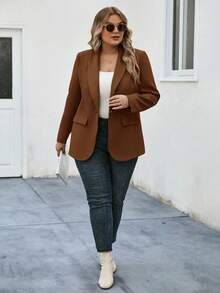 SHEIN LUNE 大码女式纯色披肩领长袖单扣休闲西装外套，秋季西装外套女式棕色西装外套女式棕色夹克女式西装外套棕色西装外套 - 咖啡棕 - 查看 4