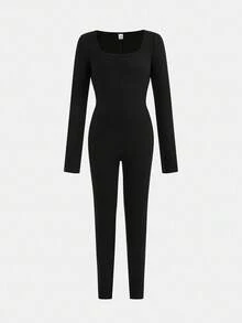 SHEIN 青少年女孩休闲日常简约针织羊毛高领长袖修身纯黑色连体裤，秋冬 - 黑色 - 查看 5
