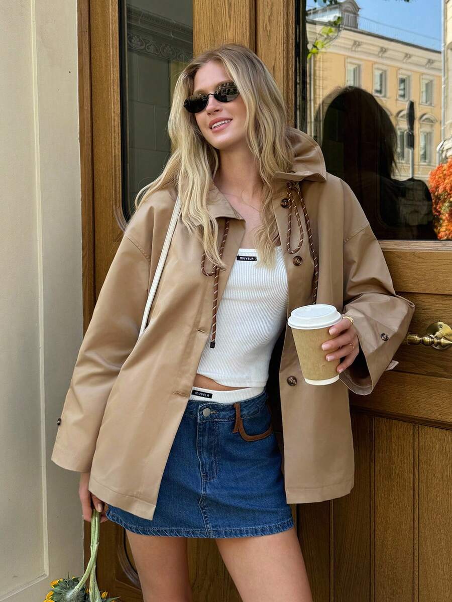 SHEIN Unity Women's Trench Coat Cloak Jacket,Khaki,Autumn,Casual,Everyday Vintage British Style French Retro Chic,Old Money Style,Commuting Office Halloween - Khaki - View 1