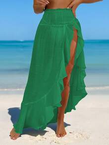 Swim Vcay Women Ruche Waist Lotus Leaf Edge Lightweight Split Hem Long Beach Dress For Summer Beach Vacation - Green - View 4