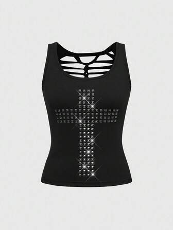 Grunge Punk Y2K Punk Cross Rivet Design Burnout Hollow Back Fitted Tank Top, Solid Color Versatile