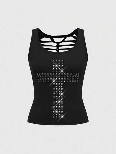 Grunge Punk Top ajustado con diseño de cruz y remaches, estilo Y2K punk, con espalda calada, de unicolor y versátil