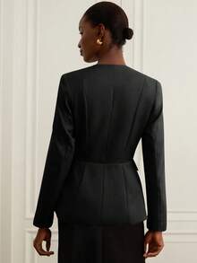 Revavyn Áo khoác Blazer tay dài dáng rộng cổ tròn khóa kim loại màu trơn thanh lịch tối giản sang trọng cổ điển đa năng dành cho nữ đi làm - màu đen - Xem 6