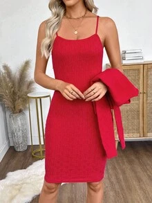 Bộ 2 món váy yếm trơn màu thanh lịch và áo khoác cardigan dành cho nữ - Đỏ - Xem 6