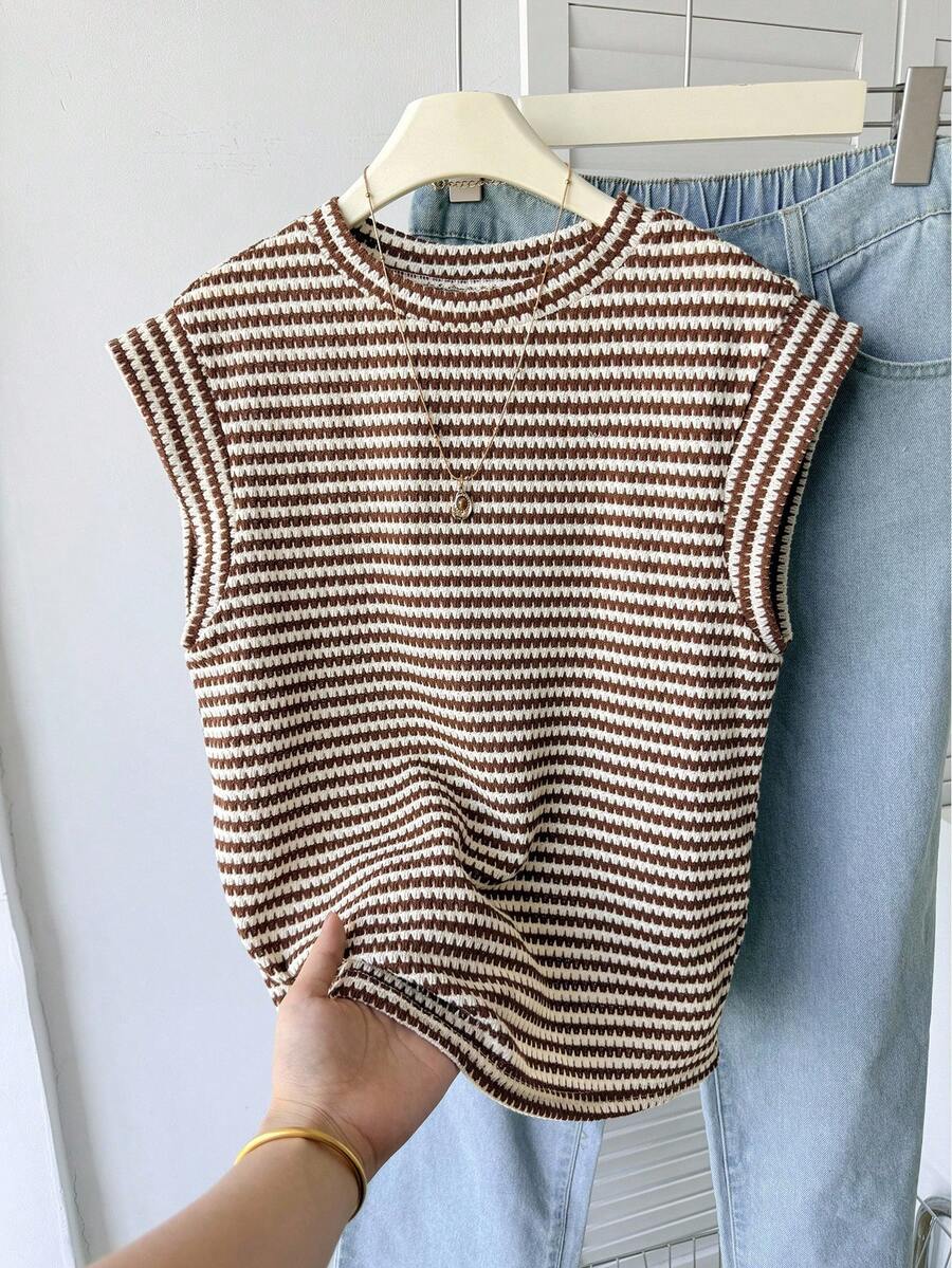 SHEIN Teen Girls Striped Round Neck Short Sleeve Casual T-Shirt, Minimalist Leisure Wear Striped Summer Tops Ribbed Tops Summer Tops For Teen Girls Teen Girl Summer Clothes Short Sleeve Tops