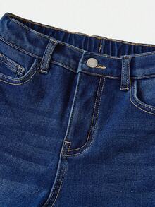 SHEIN 少女Y2K时尚休闲基础款深蓝色牛仔保暖内衬猫须高弹力修身喇叭裤，适合女孩秋冬日常穿着、街头风穿搭、万圣节和圣诞节装扮，保暖内衬牛仔裤，冬季牛仔裤，青少年牛仔裤 - 深色水洗藍 - 查看 4