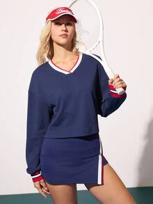 CourtClass CourtClass Damen Loose Sweatshirt, Farbblock gerippter V-Ausschnitt Langarm Dropped Shoulder, Lässig Sport Tennis Alltags Tragen, Herbst/Winter Athletisch Matching Set Tennis Kleid Langarm Athletisch Rock Sets Damen Tennis Rock Set - marineblau - Übersicht 5
