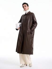 Aalyst Women's Dark Brown Leather Jacket,Chic Autumn Long Over Knee Coat,Shirt Collar,Front Button Closure,Waist Slit,Side Pockets,Office Commute Vintage - Brown - View 5