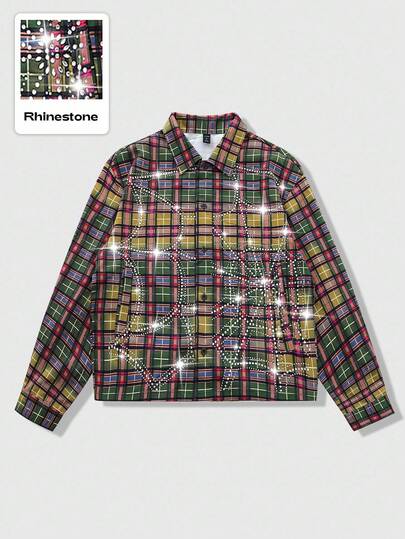 Street Life Men's Shirt With Rhinestone Plaid Pattern, Long Sleeve, Streetwear American Style