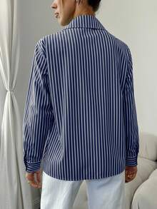 EURMUSE Chemise femme à manches longues minimaliste rayée, décontractée et polyvalente pour le travail et les déplacements - Bleu marine - Voir 2