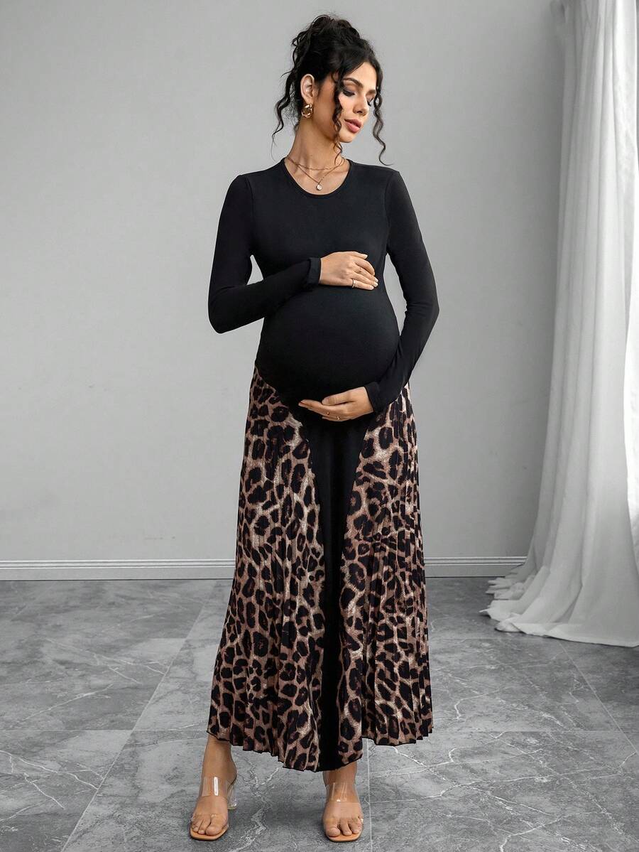Momance Abito plissettato con stampa leopardata e patchwork, sexy e alla moda - Multicolore - Visualizzare 1