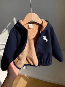 SHEIN 男女通用婴儿休闲连帽羊毛外套，卡其色，适合男婴和女婴，秋冬季 - 藏蓝色 - 查看 8