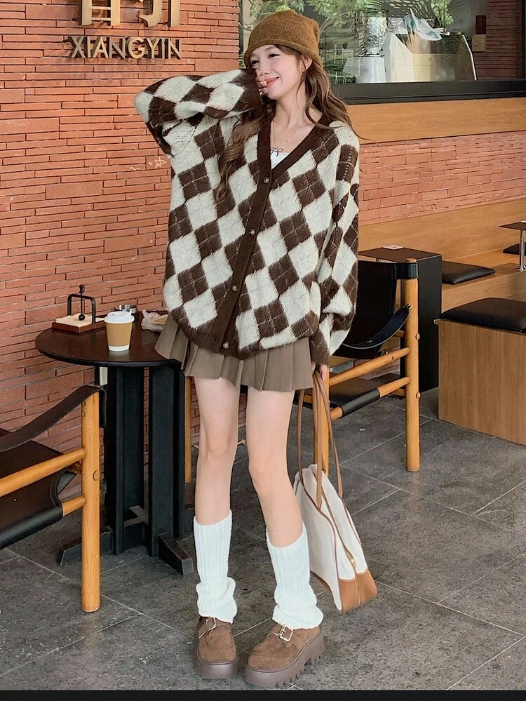 DAZY Cardigan long décontracté et ample pour femmes, motif à carreaux et à diamants, couleurs contrastées, convient pour l'automne et l'hiver - Tabac - Voir 10