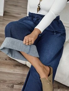 SHEIN CURVE+ Damen dunkelblau Herbst und Winter Jeans mit elastischem Bund und Taschen, lässig und weit geschnitten, Outfits für Damen, Halloween Kostüme, Landhausstil für Damen, schick für den Herbst