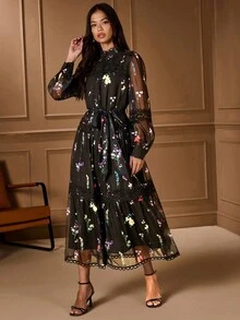Lilora Elegantes und schickes, urbanes, lässiges Kleid mit transparentem Kragen, Spitze, Patchwork, Knopfleiste, Blumenmuster und Laternenärmeln für Damen, Herbst/Winter, Cut-Out - Schwarz - Übersicht 4